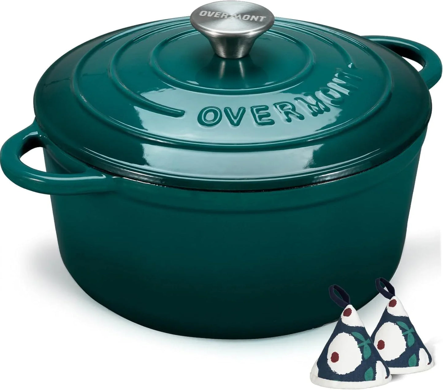 Enameled Cast Iron Dutch Oven - 5.5QT Pot with Lid Cookbook & Cotton Potholders - Heavy-Duty Cookware for Braising, Stews, Roasting, Sourdough Baking Bottle Green