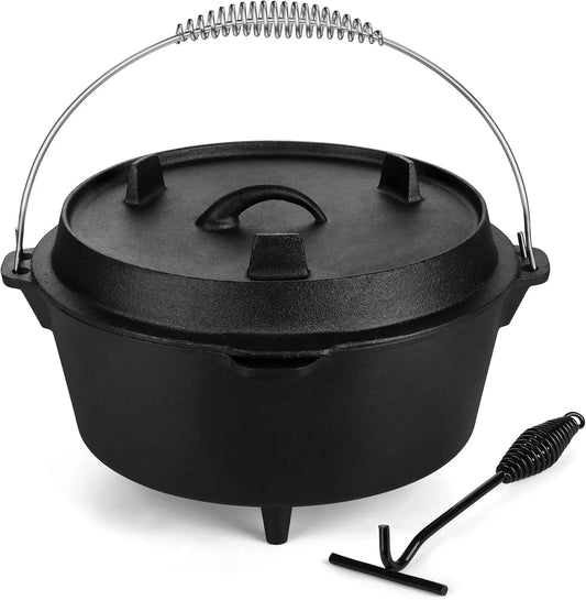 7QT Dutch Oven Camping with Lid Lifter,  2 in 1 Cast Iron Dutch Oven for Outdoor Camping, Heavy Duty & Pre-Seasoned Deep Pot for Sourdough Bread Baking, Campfire Cooking