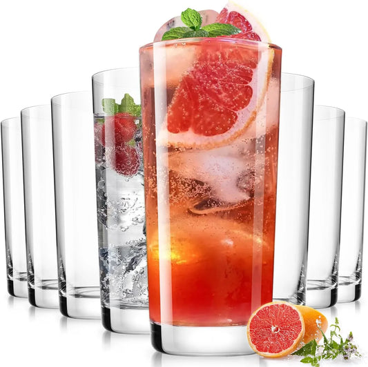 Drinking Glasses Set of 8, 16 Oz Water Glasses, Wide Mouth Design Lead-Free Crystal Highball Glassware, Tall Glass Cups for Cocktail Parties, Family Dinners, and Tom Collins Bar Glassware
