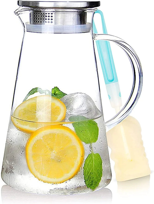 2.0 Liter 68Oz Glass Pitcher with Lid, Easy Clean Heat Resistant Glass Water Carafe with Handle for Hot/Cold Beverages - Water, Cold Brew, Iced Tea & Juice, with 1 Long-Handled Brush Included