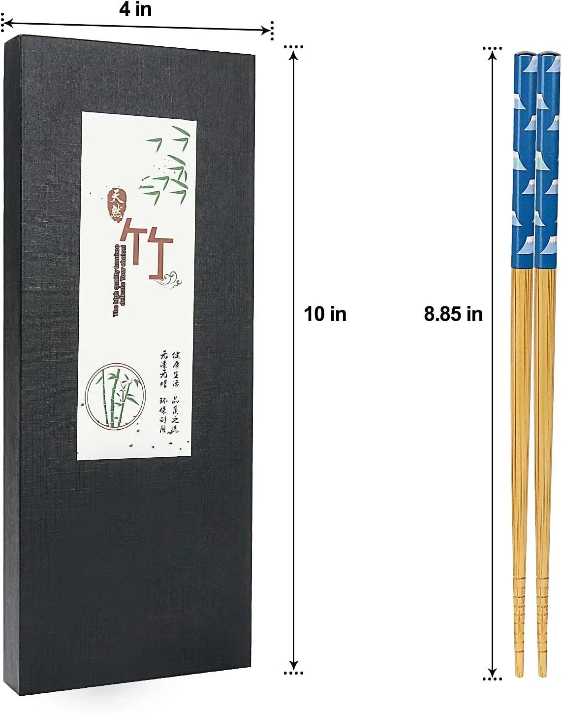 Bamboo chopsticks with blue mountain print, 8.85 inches, in 10-inch black gift box, eco-friendly kitchen utensil