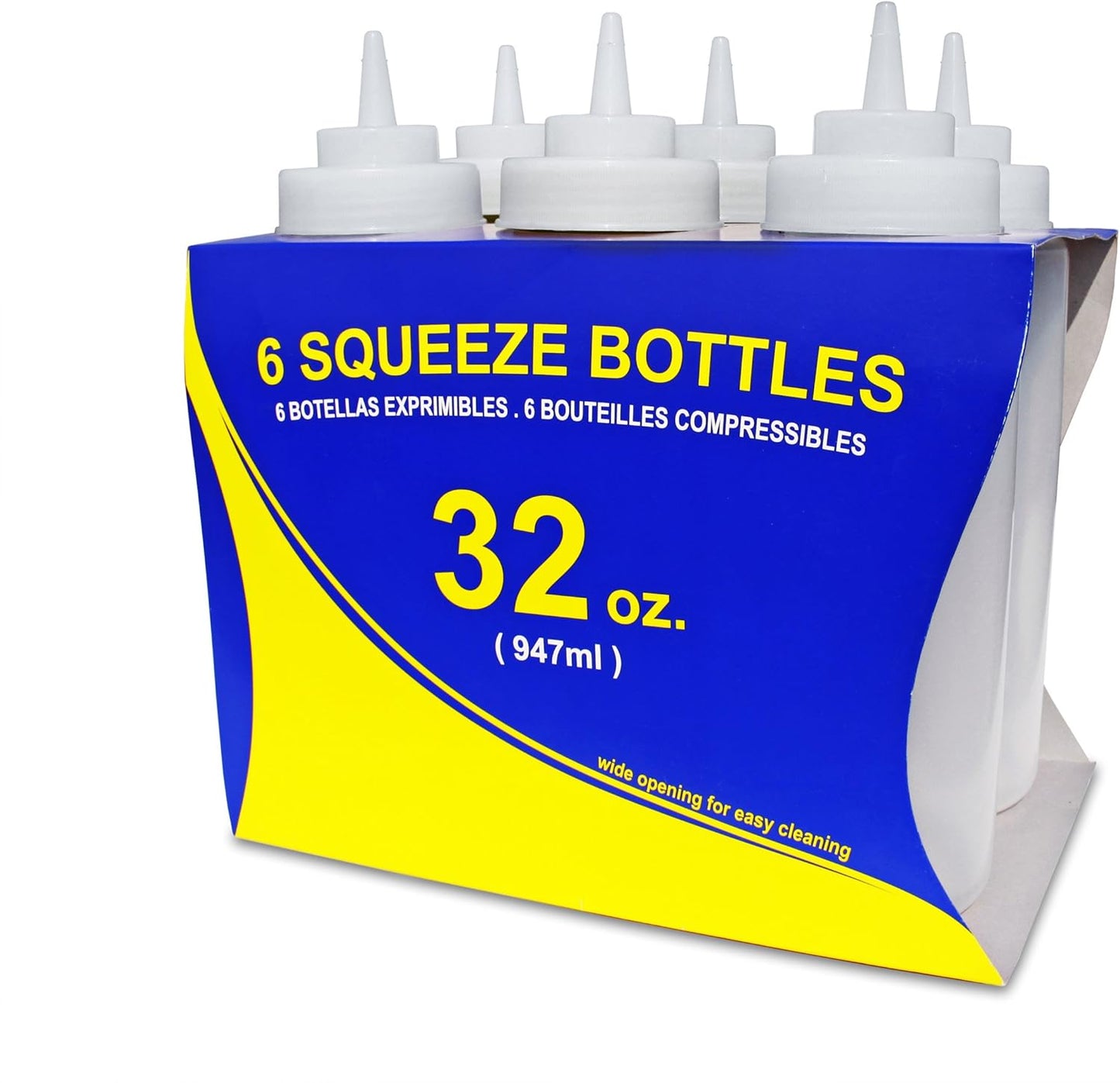 32 Oz Clear Squeeze Bottle, Wide Mouth, Pack of 6