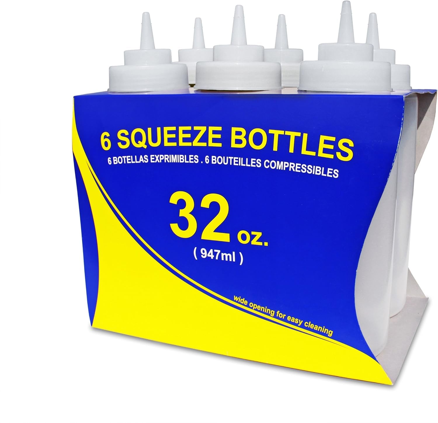 32 Oz Clear Squeeze Bottle, Wide Mouth, Pack of 6