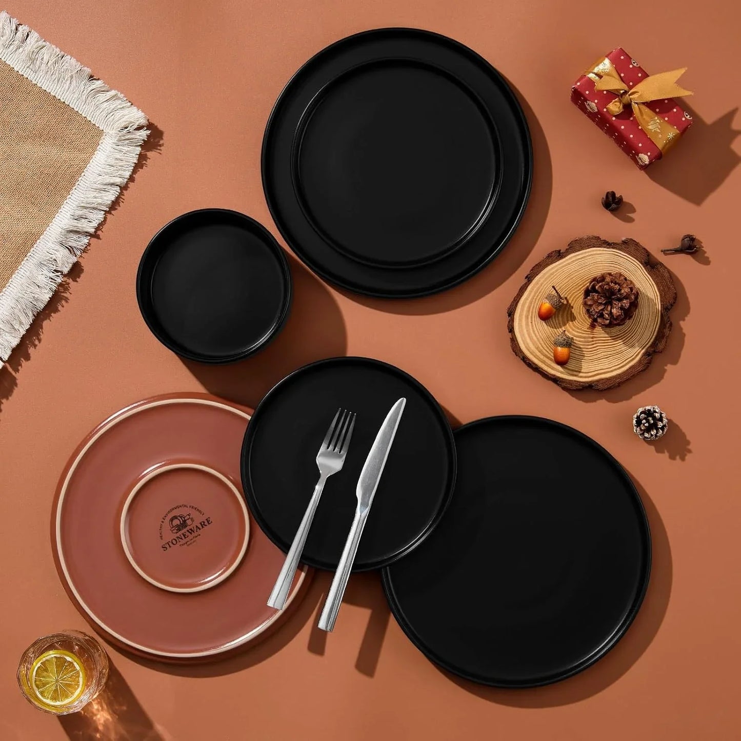 12 Pieces Porcelain Dinnerware Sets, Premium Plates and Bowls Set, High-Fired Ceramic Dishes Set for 4, Chip & Scratch Resistant, Microwave Dishwasher Safe, Charcoal Black