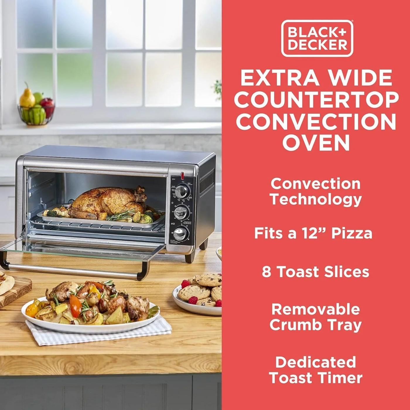 TO3250XSBD 8-Slice Extra Wide Convection Countertop Toaster Oven, Includes Bake Pan, Broil Rack & Toasting Rack, Stainless Steel/Black