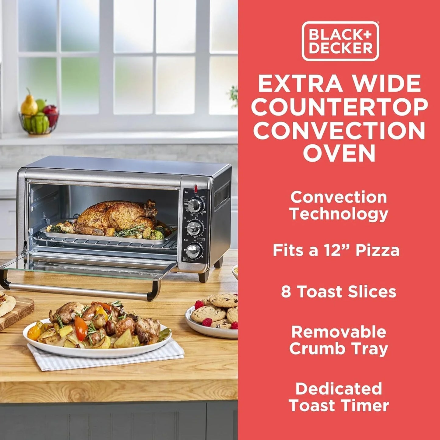 TO3250XSBD 8-Slice Extra Wide Convection Countertop Toaster Oven, Includes Bake Pan, Broil Rack & Toasting Rack, Stainless Steel/Black