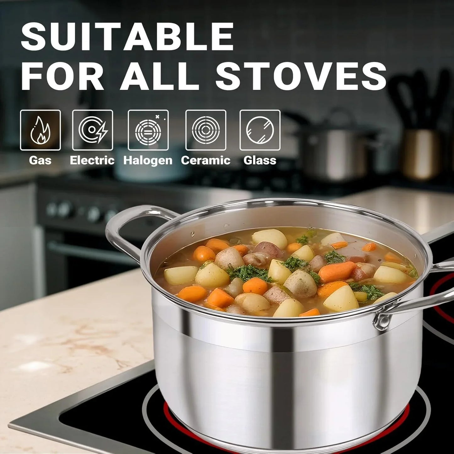 Stainless Steel Stock Pot - 12 Quart Heavy Duty Stock Cooking Pot with Visible Lid for Pasta, Soup, Spaghetti, Nonstick Thick Bottom Big Stockpot, Cookware for Canning, Boiling, Simmer