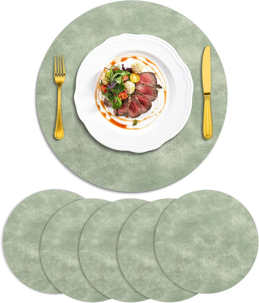 Placemats, Heat Resistant round Placemats Set of 6 Washable, Waterproof Table Mats, Wipeable Faux Leather Place Mats for Kitchen, Dining Room, Green