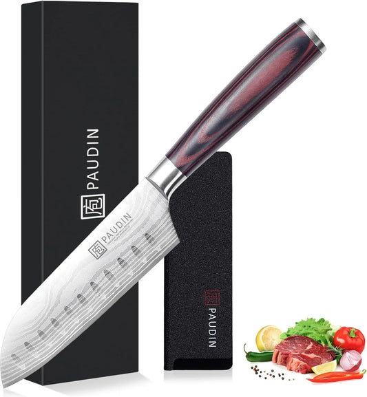 Santoku Knife, Chef Knife 5 Inch Ultra Sharp Kitchen Knife, Japanese Chef Knife with Sheath, High Carbon Stainless Steel, Ergonomic Pakkawood Handle