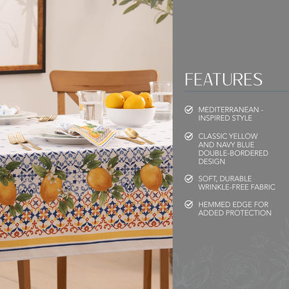 Home Fashions Capri Lemon Double-Bordered Mediterranean Spring/Summer Fabric Tablecloth, Rectangle, 60 Inches X 144 Inches