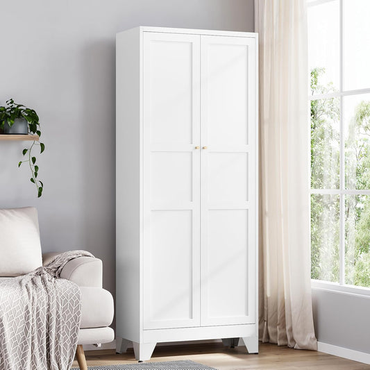 Metal Pantry Cabinet, 75" Kitchen Pantry with 2 Door and 4 Adjustable Shelves,White Metal Pantry Storage Cabinet,Cupboard for Kitchen,Dining Room,Living Room and Bathroom