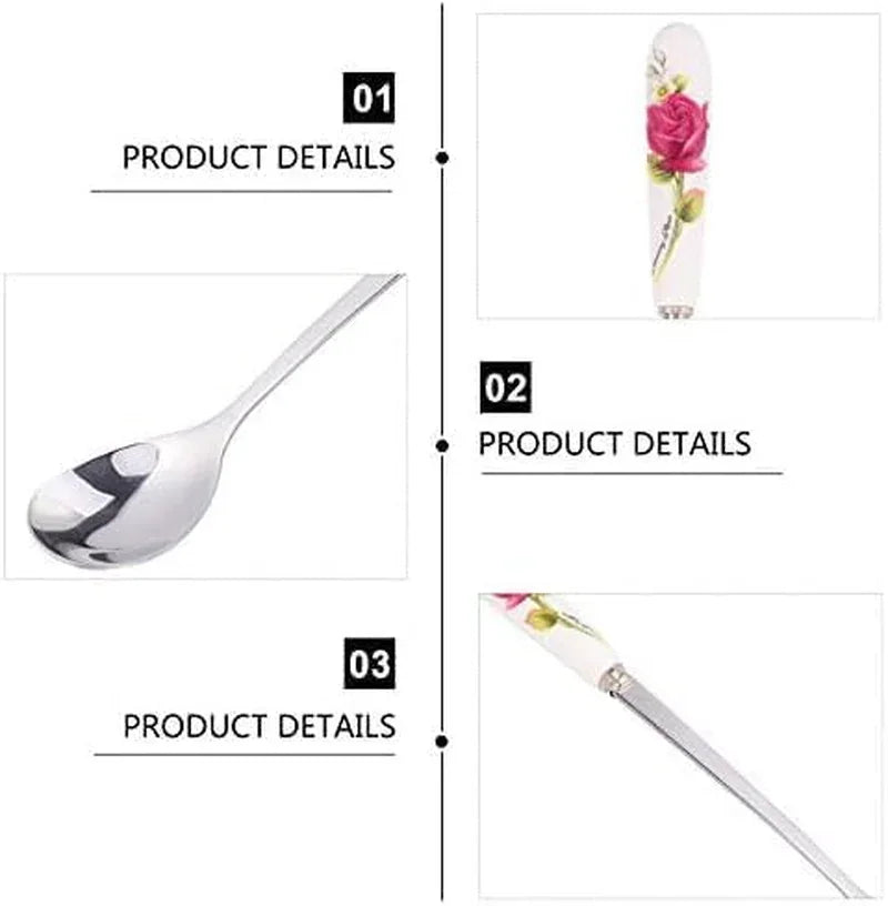 Stainless steel spoon with floral rose handle, kitchen utensil for cooking and serving