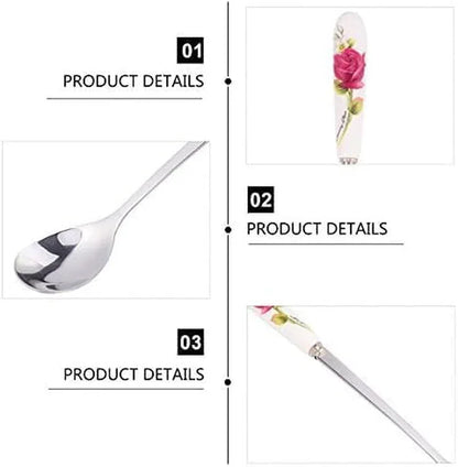Stainless steel spoon with floral rose handle, kitchen utensil for cooking and serving