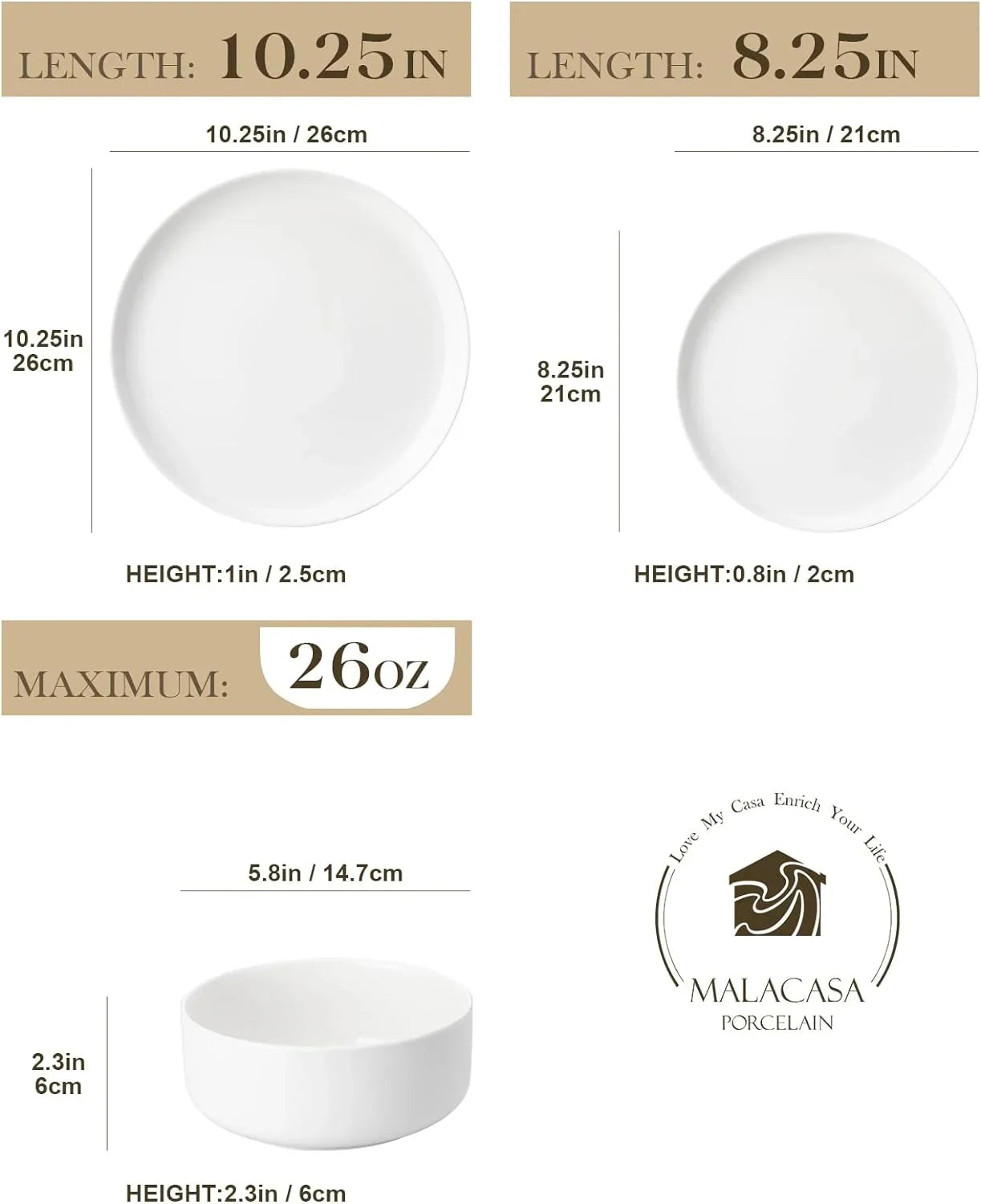 Plates and Bowls Sets, 18 Pieces Porcelain Dinnerware Sets Dishware Sets Chip Resistant Ceramic Dish Set Dining Dinner Ware Service for 6, White, Series LUNA