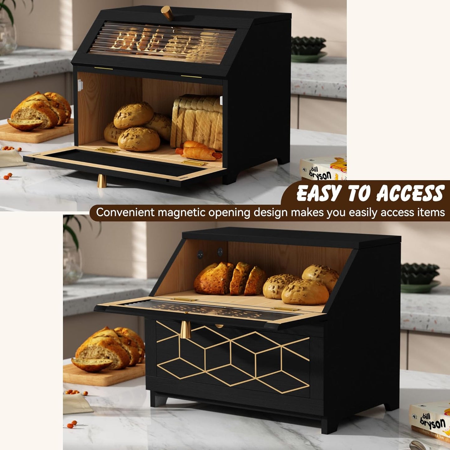 Double Layer Bread Box with Golden Trim for Countertop, Wooden Bread Container for Kitchen Counter, Corner Bread Storage (Black1)