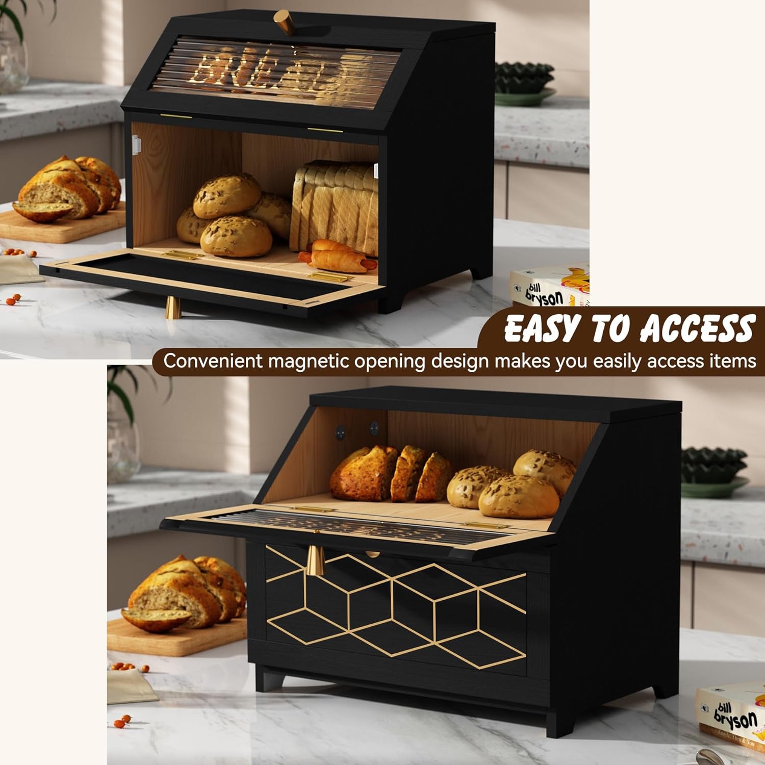 Double Layer Bread Box with Golden Trim for Countertop, Wooden Bread Container for Kitchen Counter, Corner Bread Storage (Black1)