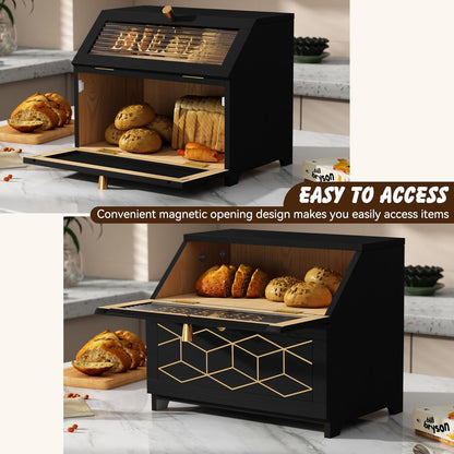 Double Layer Bread Box with Golden Trim for Countertop, Wooden Bread Container for Kitchen Counter, Corner Bread Storage (Black1)