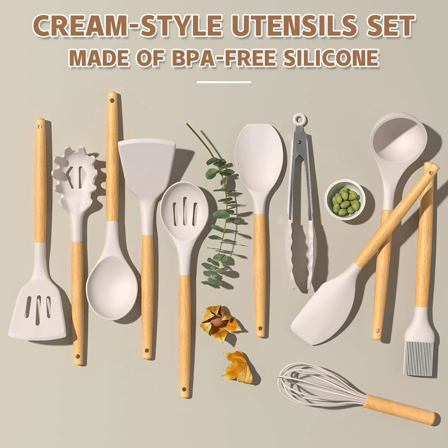 Kitchen Cooking Utensils Set, 33 Pcs Non-Stick Silicone Cooking Kitchen Utensils Spatula Set with Holder, Wooden Handle Silicone Kitchen Gadgets Utensil Set (Khaki)