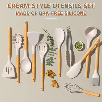 Kitchen Cooking Utensils Set, 33 Pcs Non-Stick Silicone Cooking Kitchen Utensils Spatula Set with Holder, Wooden Handle Silicone Kitchen Gadgets Utensil Set (Khaki)