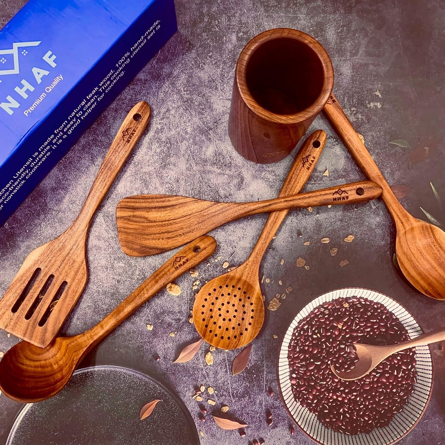 Premium Teak Healthy Spoons, Durable Eco-Friendly Spatula, Wooden Utensils Set with Holder & Canvas Bag, Wooden Cooking Gifts for Mom