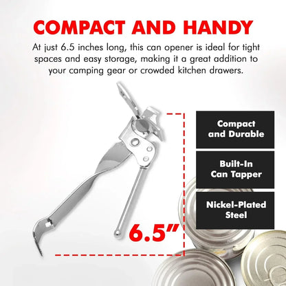Compact 6.5-inch nickel-plated steel can opener with built-in tapper, ideal for kitchen drawers or camping gear