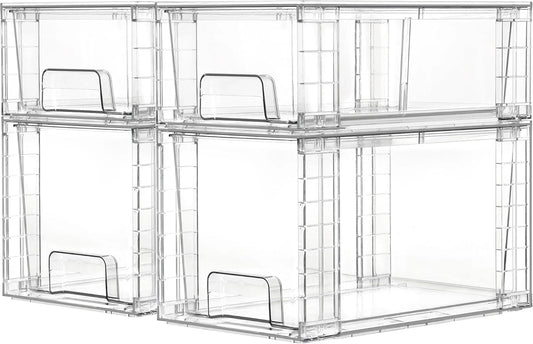 4 Pack Clear Stackable Storage Drawers,Under Sink and Kitchen Organizers Storage,Easy to Assemble Plastic Drawers for Baby Bottle,Medicine, Bathroom,Cabinet and Pantry Organization