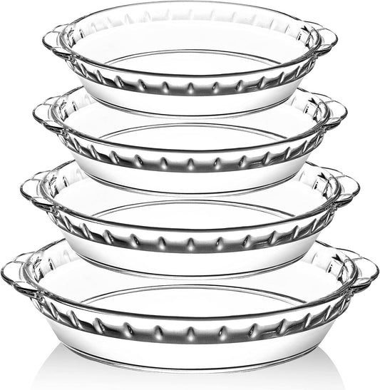 4 Packs Glass Pie Plates,  Deep Pie Pans Set (7"/8"/9"/10"), Pie Baking Dishes with Handles for Baking and Serving, Clear