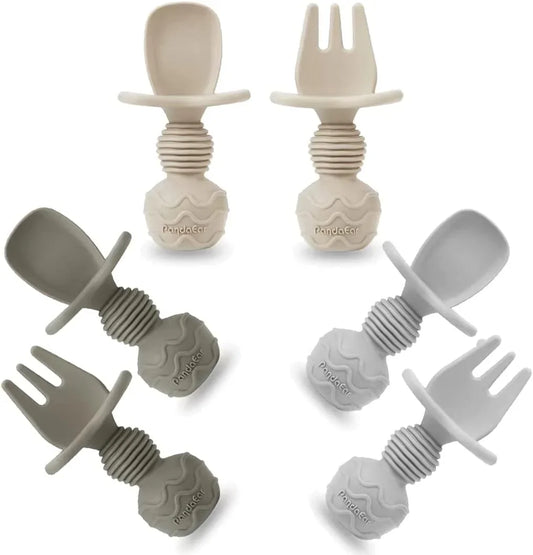 6 Pack Silicone Baby Spoons and Fork Feeding Set- Anti-Choke First Self Feeding Utensils for Baby Led Weaning Ages 3 Months (Tan,Walnut&Grey)