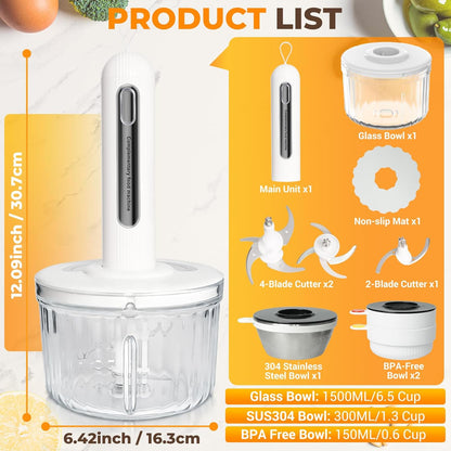 Cordless Food Processor 4 Bowls(6.5Cup+1.3Cup+2X0.6Cup)【800W Pure Copper Motor】【3 Sets SUS304 Blades】Meat Grinder-Usb Rechargeable Food Chopper for Meat,Garlic,Vegetable,Fruits,Sauces,Baby Food