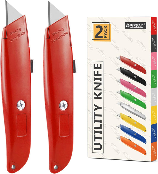 2Pack Utility Knife Box Cutter Retractable Razor Blade Heavy Duty Box Cutters Knife PVC Pipe Cutter (Red)