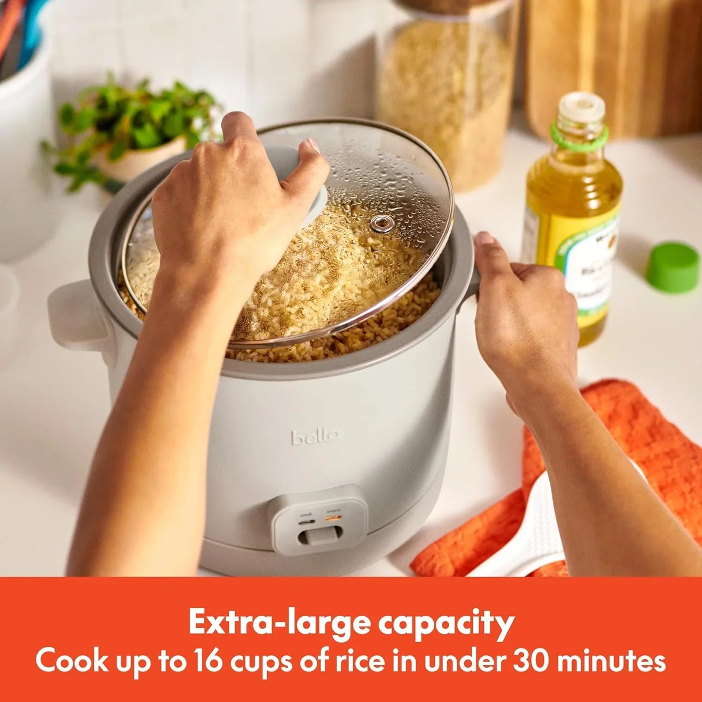 16 Cup Rice Cooker with Steamer, Dishwasher Safe Steaming Basket, Rice Paddle and Measuring Cup, Removable Nonstick Cooking Bowl, Automatic Keep Warm Function​, 400 Watt, Oatmilk