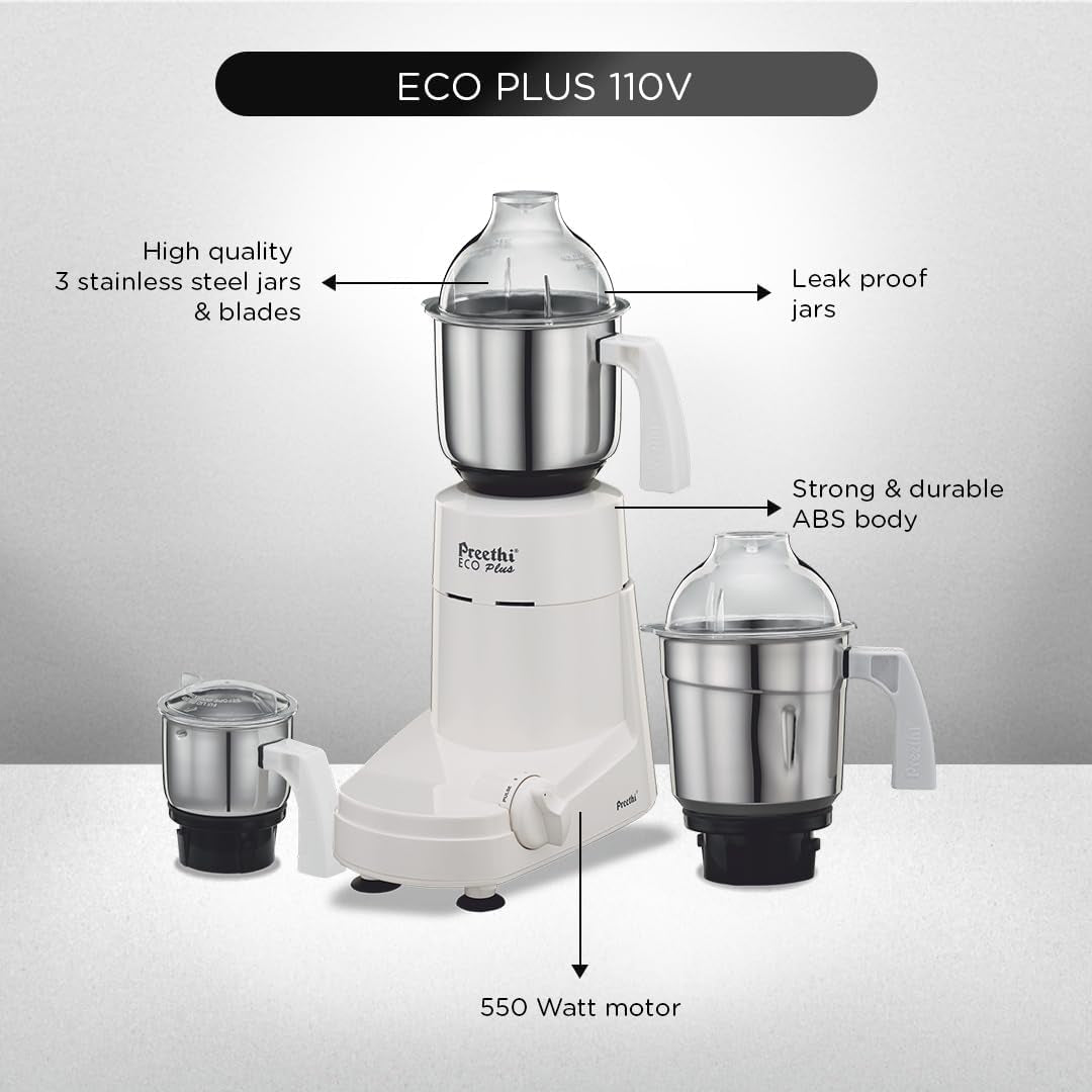 Eco plus Mixer Grinder, White, 3 Jar