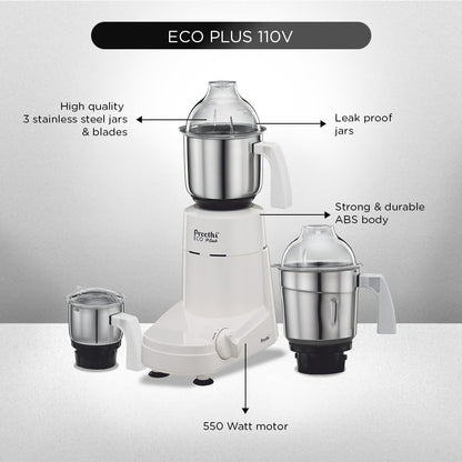 Eco plus Mixer Grinder, White, 3 Jar