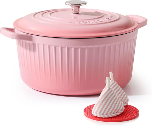 Enameled Cast Iron Dutch Oven Pot with Lid 5.5 Quart Heavy-Duty round Dual Handles Kitchen Pot with Cotton Potholders & Silicone Trivet, Pot for Bread Baking, Stews, Braising, Roasting, Oven Safe up to 500°F, Pink