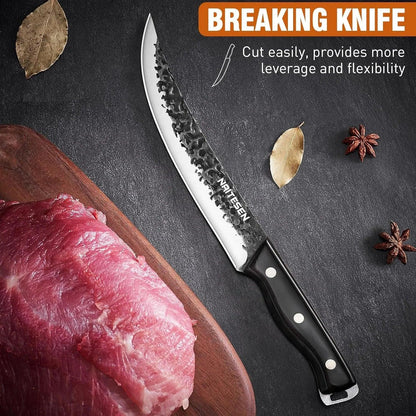 Breaking knife with black handle beside raw meat on wooden board, bay leaves, star anise