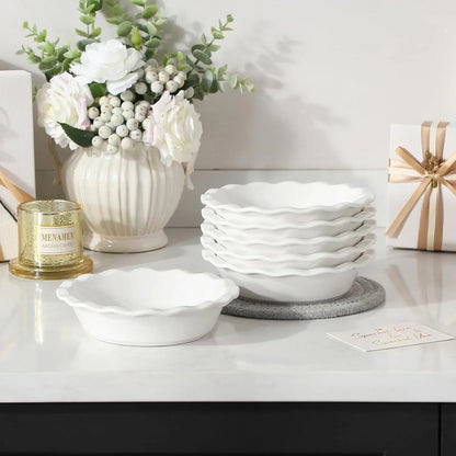 Ceramic Mini Pie Pans Set of 6, 6 Inch Pie Plates for Baking with Ruffled Edge, Small Quiche Baking Dish Pans Tart Pans, Individual Pot Pie Plates, Microwave & Oven Safe, White