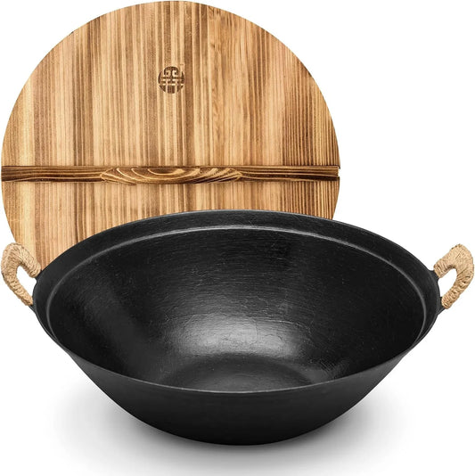 14.2" Cast Iron Wok with Lid, Hand Hammered Chinese Wok Pan, Flat Bottom Stir Fry Pan for Induction, Gas & Electric Stoves, Uncoated Non-Toxic, Dual Handles