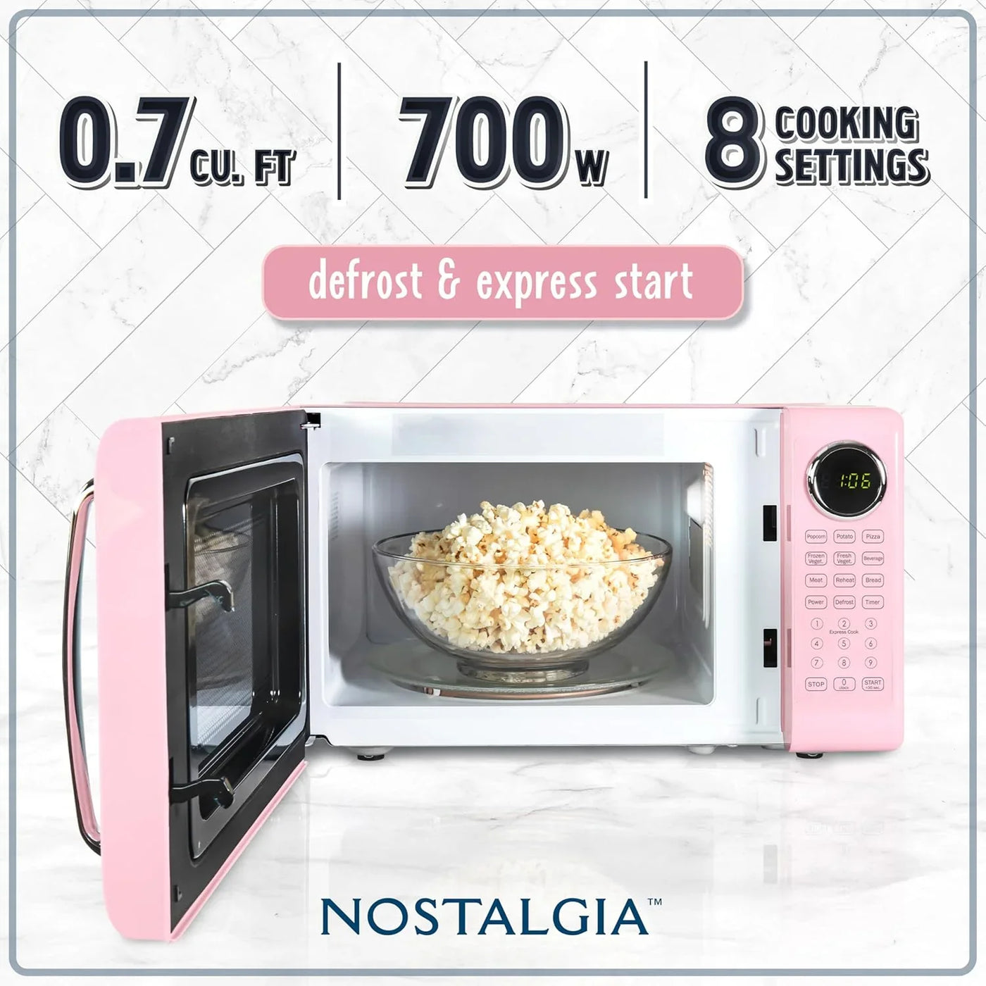 Retro Microwave Oven - 0.7 Cu Ft, 700-Watt Countertop Size with Glass Turntable, Child Safety Lock, 8 Auto-Cook Programs, Digital Clock - Pink