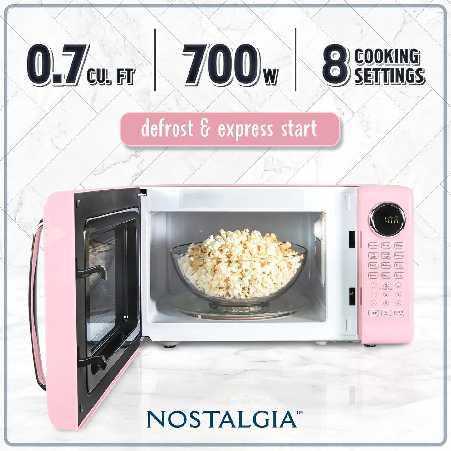 Retro Microwave Oven - 0.7 Cu Ft, 700-Watt Countertop Size with Glass Turntable, Child Safety Lock, 8 Auto-Cook Programs, Digital Clock - Pink