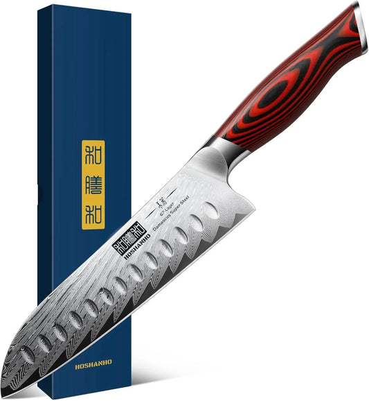 Damascus Santoku Knife, 7 Inch Professiona Kitchen Knife, Damascus Super Steel Ultra-Sharp Santoku Chef Knife with Ergonomic G10 Handle