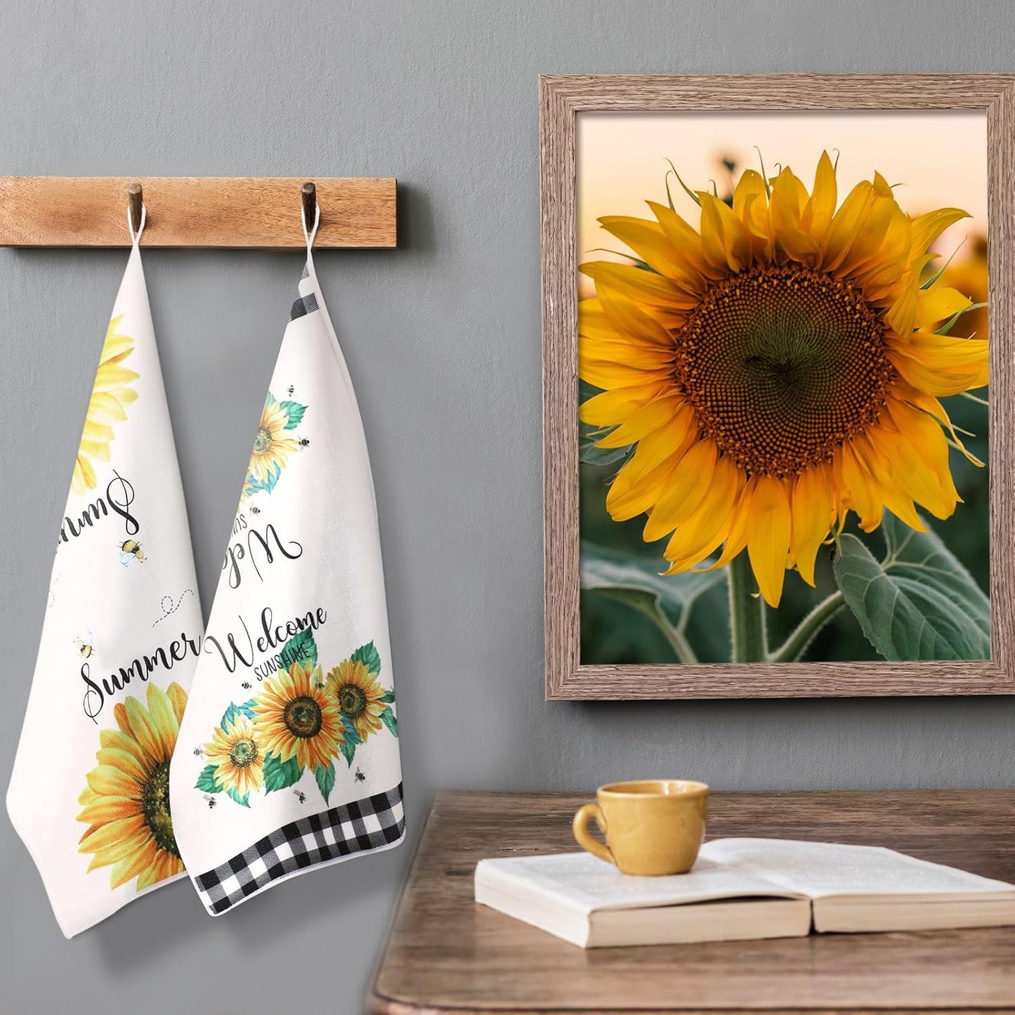 4 Pcs Sunflower Kitchen Towels Spring Summer Gifts Sunflower Floral Hand Dish Towels Absorbent Sunshine Yellow Grid Fast Drying Decor Housewarming Gift for Cooking Bathroom Kitchen Decor