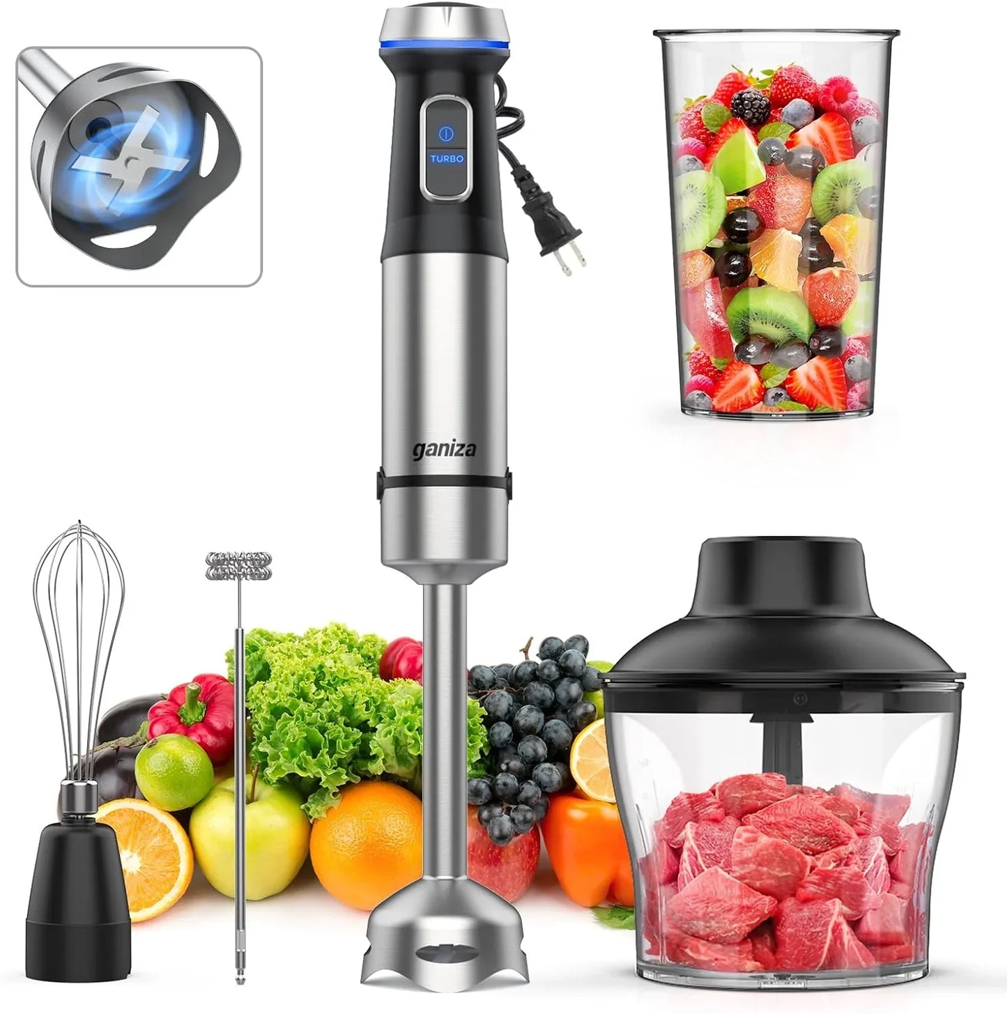 Immersion Blender 5 in 1 Hand Blender Max 1000W Heavy Duty Motor, 16 Speed Mode Handheld Blender Stainless Steel Blade with 800Ml Mixing Beaker, 600Ml Chopper, Whisk and Milk Frother