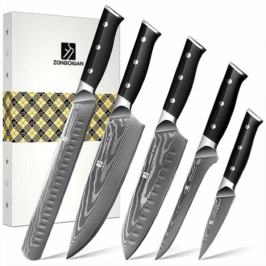 5-Piece Damascus Chef Knife Set: High Carbon Stainless Steel, Professional Ultra Sharp Kitchen Knife Set with Ergonomic Black Handle - Chef/Santoku/Paring/Bread/Brisket/Boning Knives in Gift Box