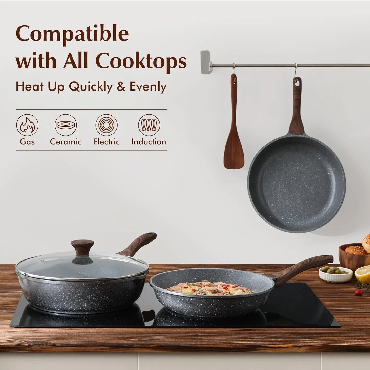 Nonstick Frying Pan Skillets, Swiss Granite Coating Omelette Pans, Healthy Cookware Chef'S Pan, Free of Intentionally Added PFOA (9.5+11+12.5 Inch)