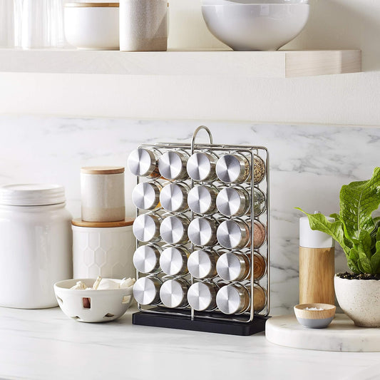 20 Jars Spice Rack Organizer, Space-Saving Kitchen Organizer with Glass Spice Jars, Sturdy, Silver
