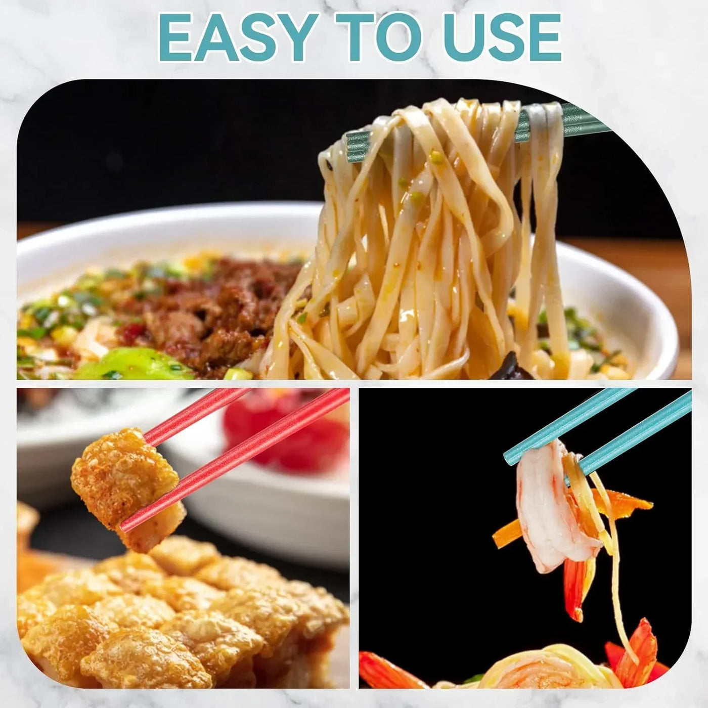 Easy-to-use chopsticks lifting noodles, tofu, and shrimp for everyday cooking and serving
