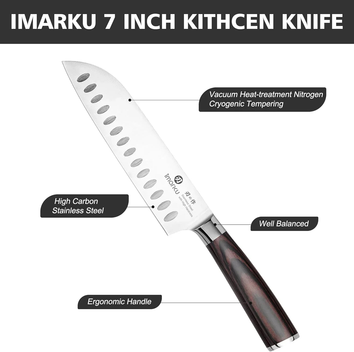 7 inch kitchen knife with high carbon stainless steel blade, ergonomic handle, and labeled features.