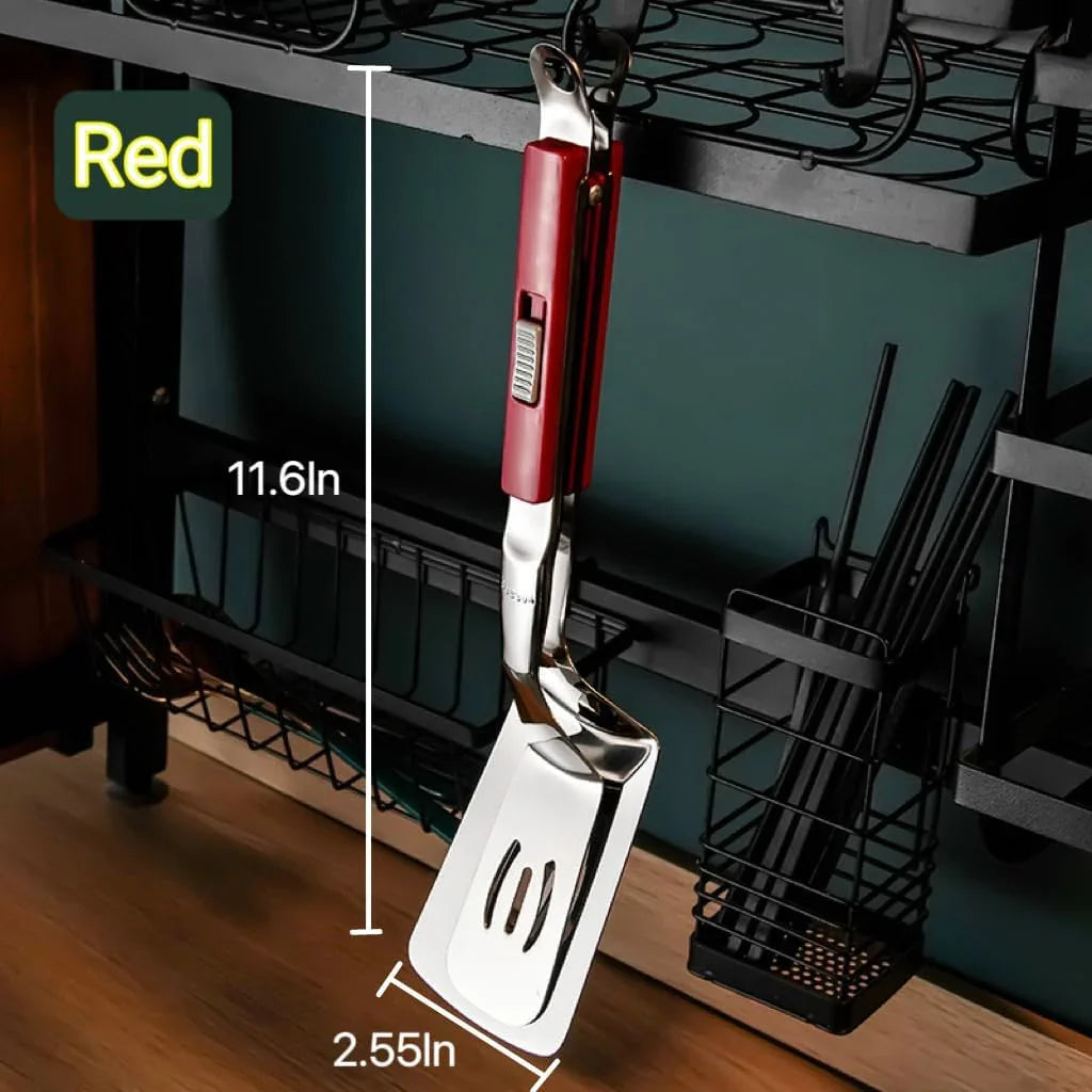 Anti-Scald Extended Handle Spatula Tongs 11.6 Inch Multifunctional Stainless Steel Cooking Tongs Food Shovel Clamp for Flipping Steak Fish Bread Hamburger BBQ Frying Pancake Pies Pizza