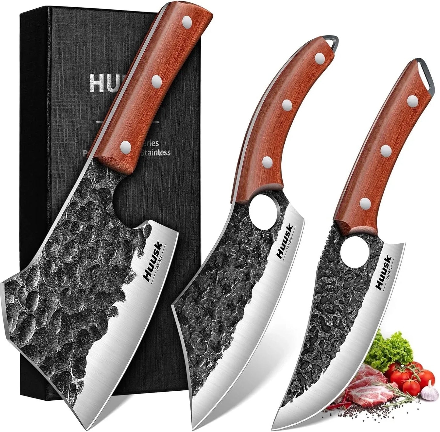 Butcher Knife Set of 3 - Full Tang Meat Cleaver Knife Set for Meat Processing, Hand Forged Viking Knives Sets with Bone Axe, Heavy-Duty Kitchen Knives Sets for Outdoor BBQ Cooking, Gifts for Men