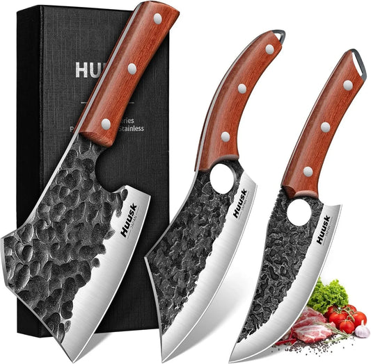 Butcher Knife Set of 3 - Full Tang Meat Cleaver Knife Set for Meat Processing, Hand Forged Viking Knives Sets with Bone Axe, Heavy-Duty Kitchen Knives Sets for Outdoor BBQ Cooking, Gifts for Men